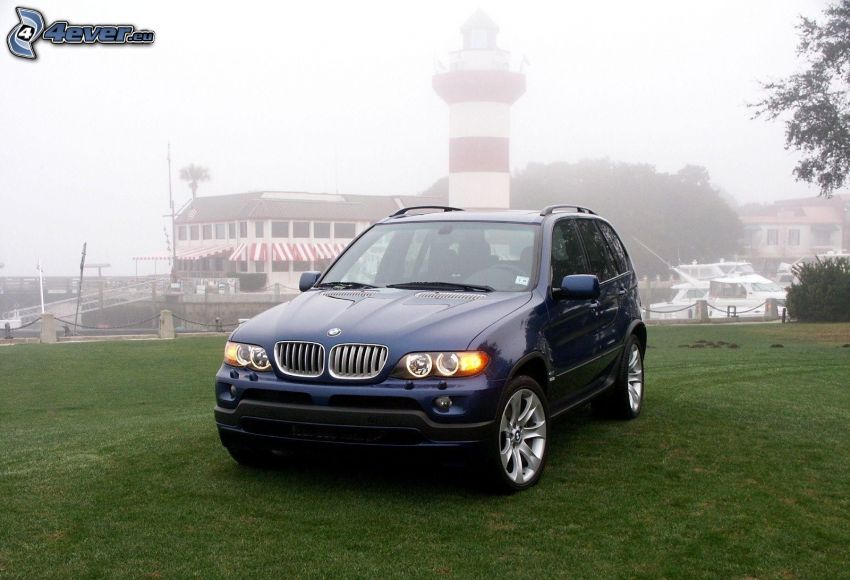 BMW X5, trávnik, maják v hmle