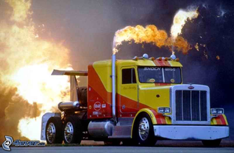 americký ťahač, truck, raketa, oheň