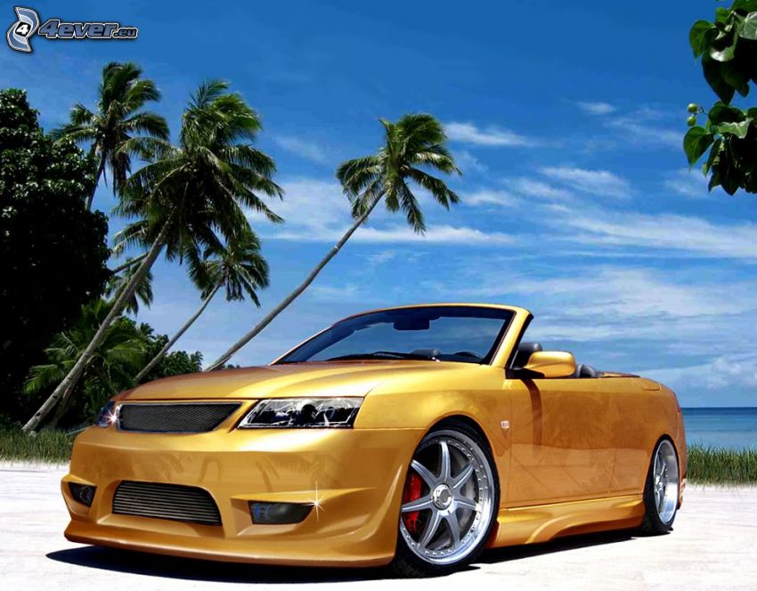 Saab, auto, tuning, palmy, pláž