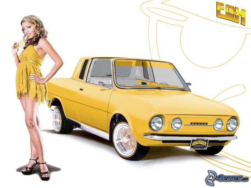 Škoda 110L, tuning, kabriolet, žena, žlté šaty