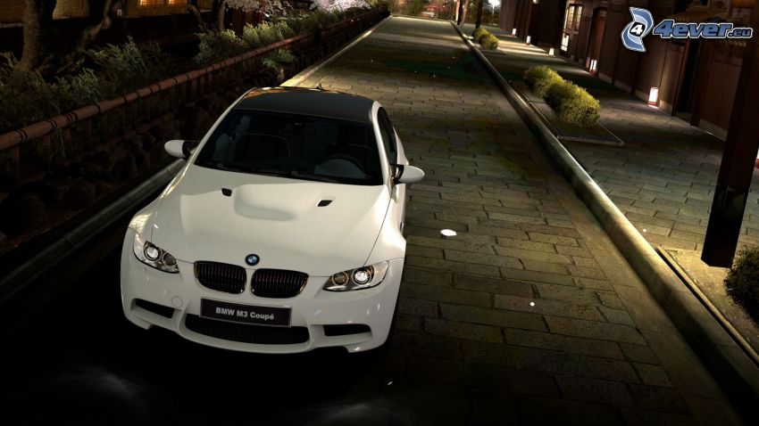 BMW M3, chodník, nočné mesto