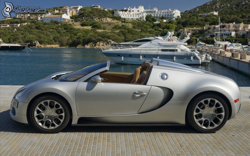 Bugatti Veyron 16.4 Grand Sport, kabriolet, prístav, prímorské mestečko