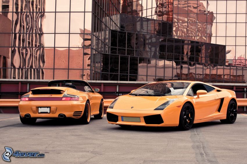 Porsche, kabriolet, Lamborghini, budova, odraz