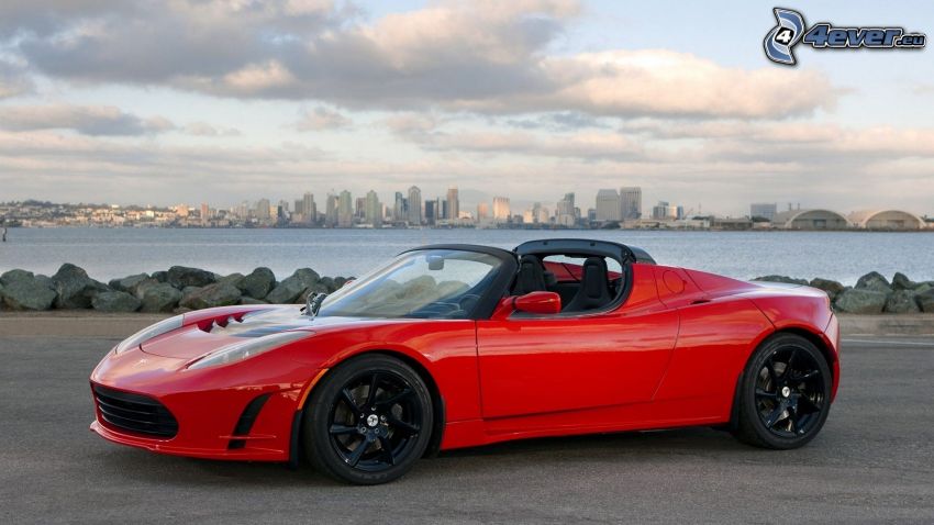 Tesla Roadster, kabriolet, silueta mesta, more