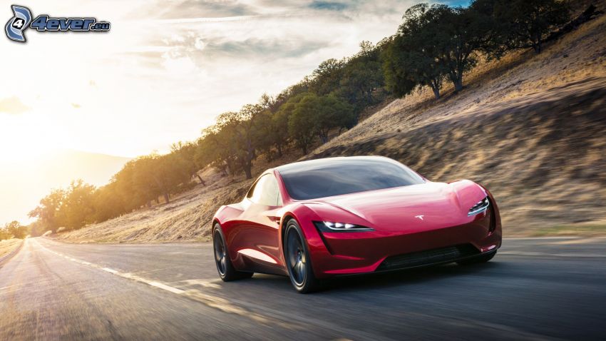Tesla Roadster 2, cesta, západ slnka