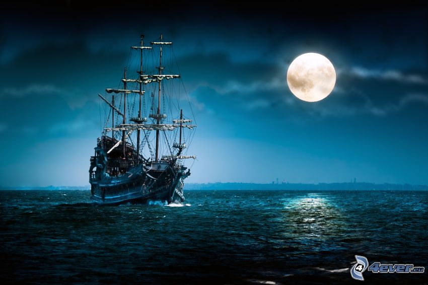 bludný Holanďan, plachetnica, loď, mesiac, spln, tmavé more