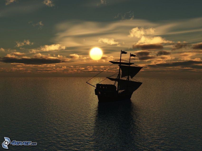 loďka na mori, plachetnica, západ slnka nad morom