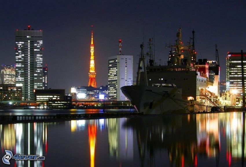 nákladná loď, prístav, Tokio, nočné mesto, Tokyo Tower, odraz