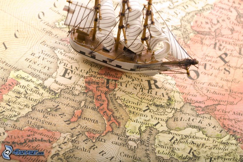 plachetnica, loď, historická mapa