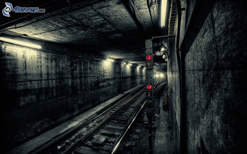 metro, železničný tunel, koľajnice, semafor
