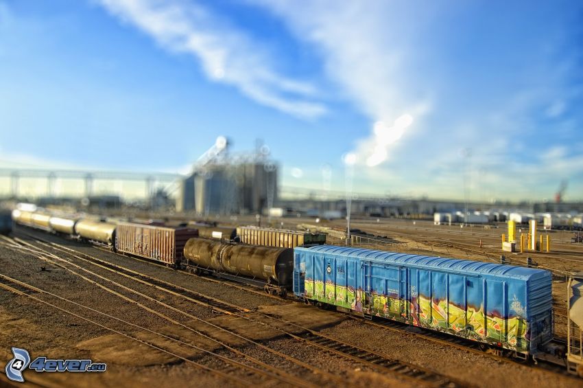 nákladný vlak, koľajnice, diorama