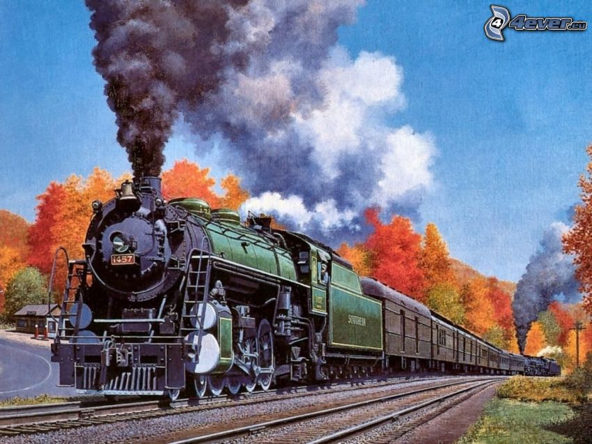 parná lokomotíva, parný vlak, kresba