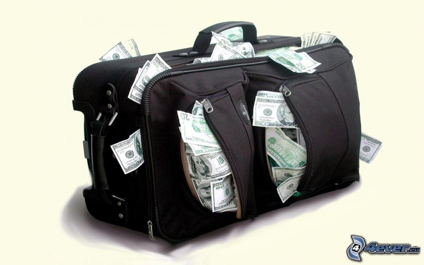 cestovná taška, kopa peňazí, doláre
