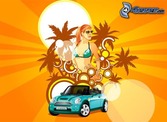 Mini Cooper, kreslená žena, kreslené auto, palmy