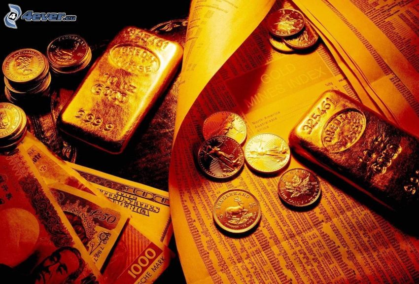 peniaze, mince, bankovky, zlaté tehly