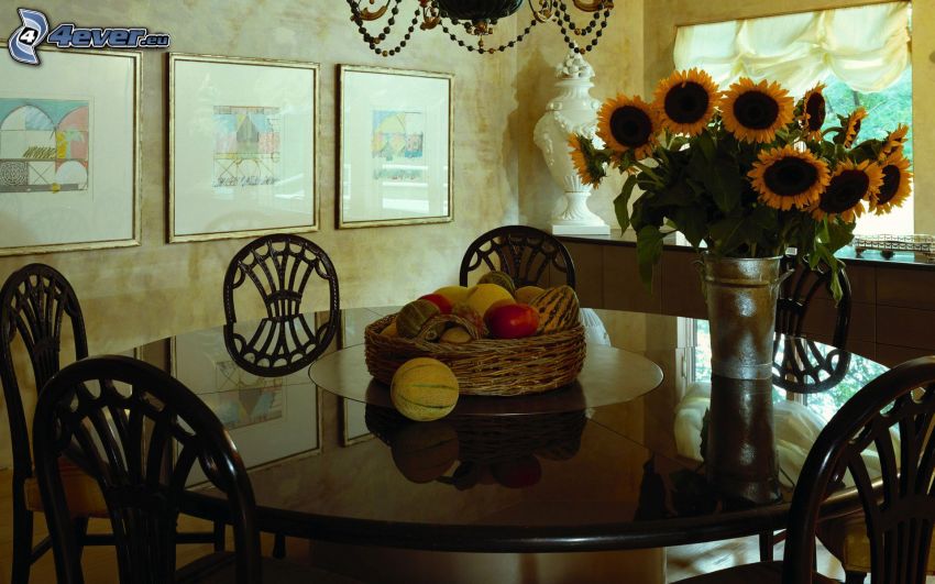 stôl, slnečnice, váza, ovocie