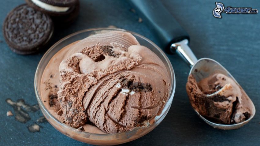 čokoládová zmrzlina, miska, lyžička