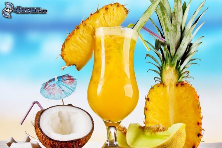 drink, ananás, kokosový orech, žltý melón