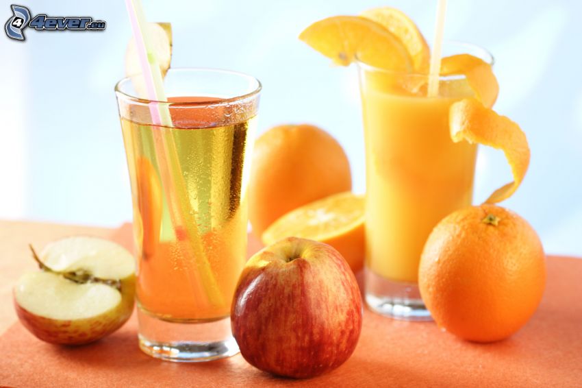 drinky, čerstvý džús, jablko, pomaranč