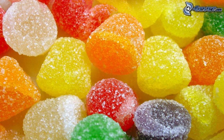 farebné cukríky, želé