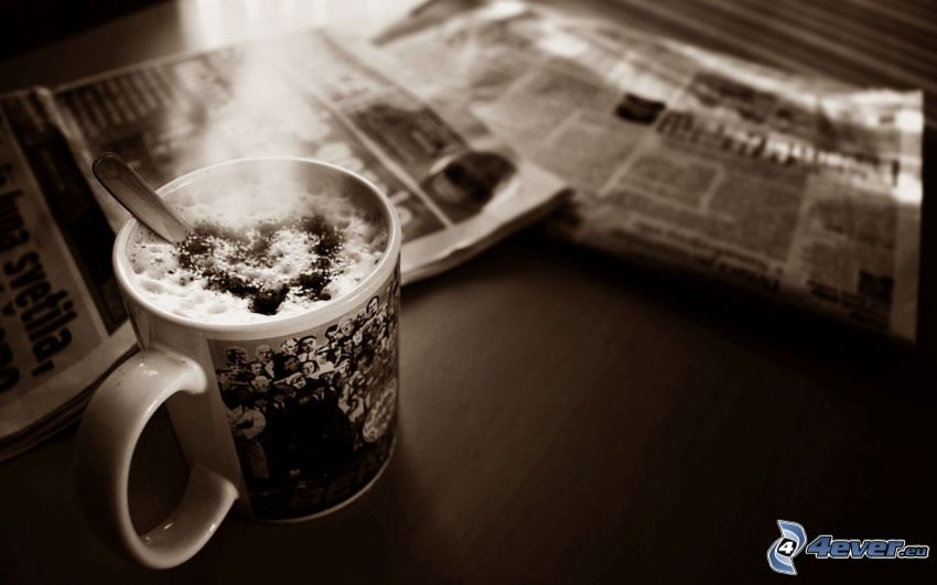 káva, noviny, srdiečko, latte art