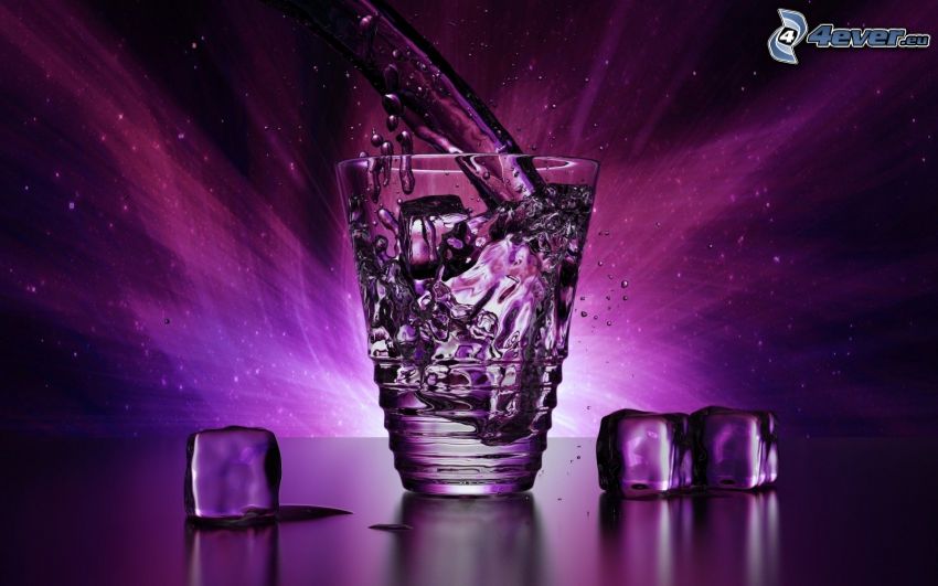 pohár, prúd vody, šplech, kocky ľadu, fialová
