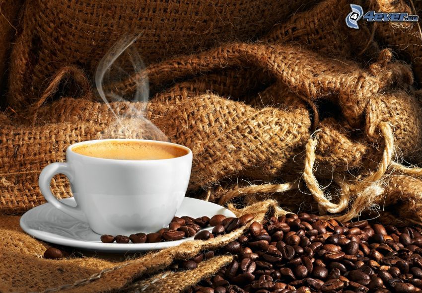 šálka kávy, kávové zrná