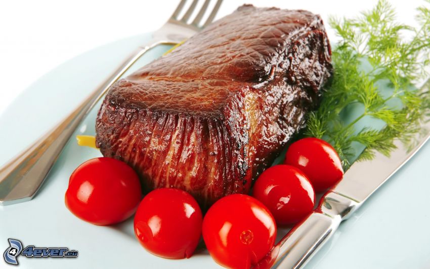 steak, kôpor, paradajky, príbor