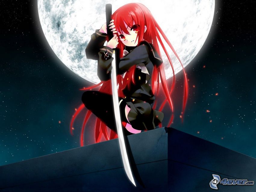 anime bojovníčka, katana, červené vlasy, mesiac, noc
