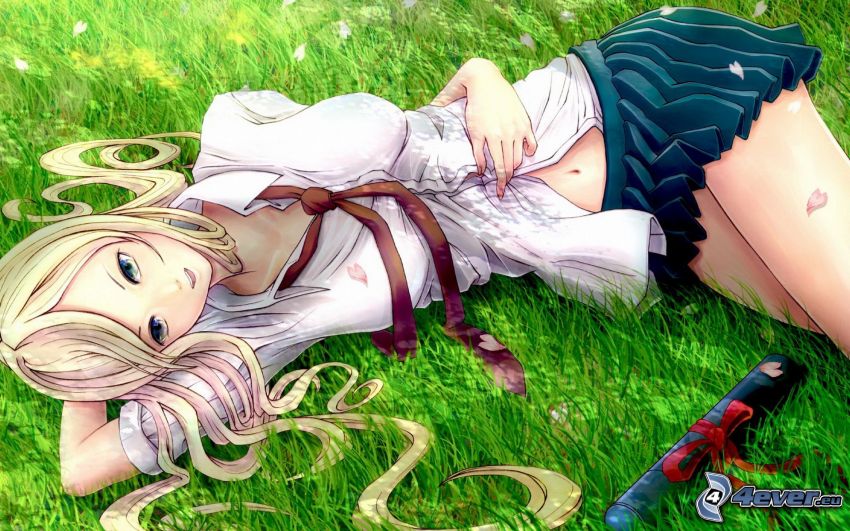 anime dievča, blondínka, tráva, minisukňa