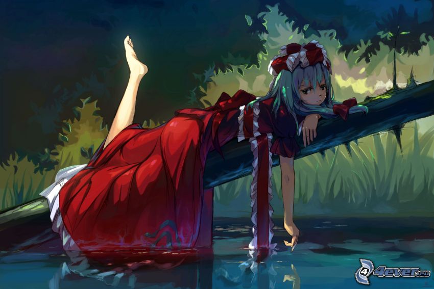 anime dievča, červené šaty, rieka