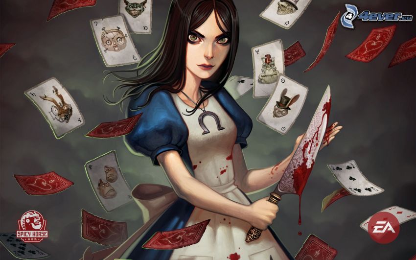 anime dievča, dýka, krv, karty