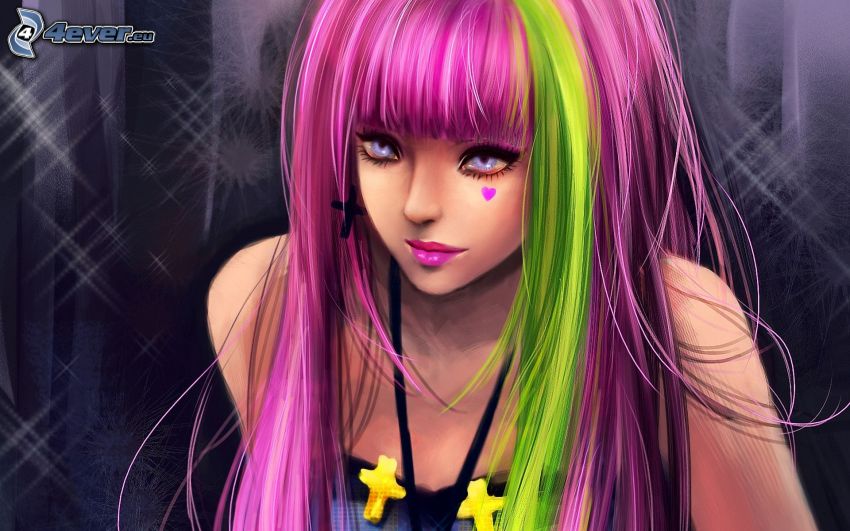 anime dievča, fialové vlasy