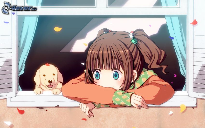 anime dievča, kreslený pes, okno