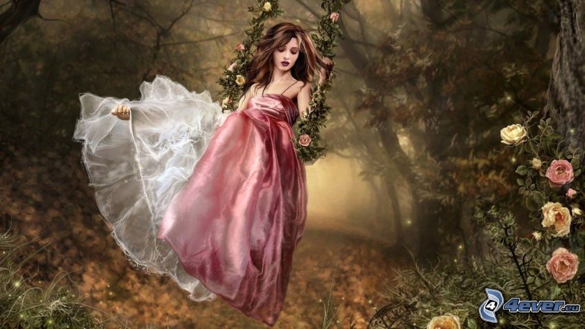 anime dievča, les, ružové šaty, ruže, hojdačka