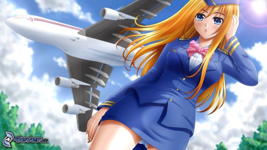 anime dievča, letuška, lietadlo