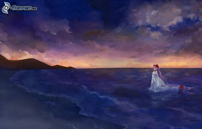 anime dievča, more, pláž, večerná obloha