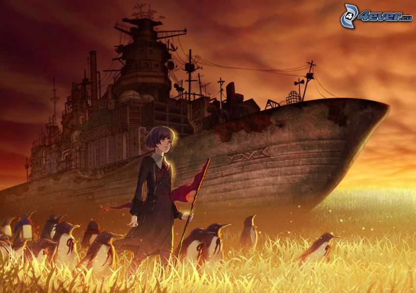 anime dievča, tučniaky, vojenská loď