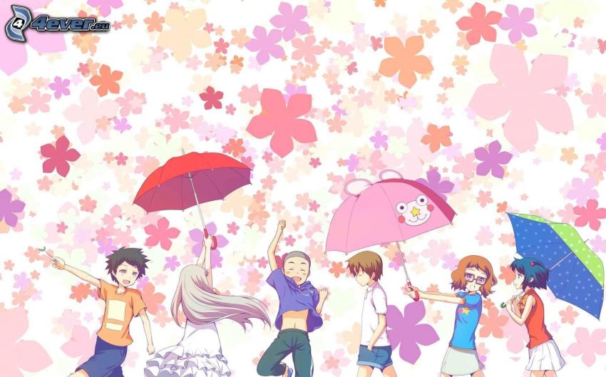 anime postavičky, dáždniky, kreslené kvety