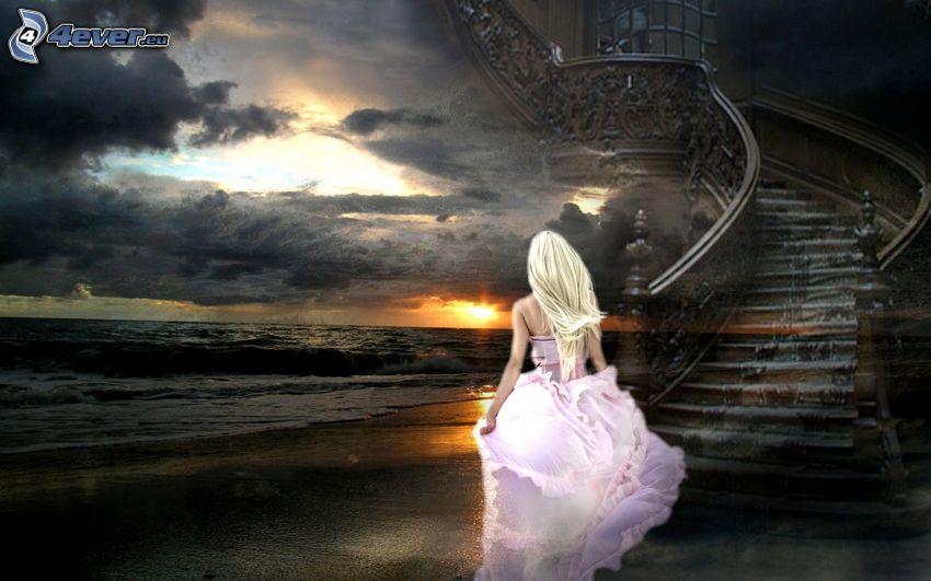 dievča na pláži, ružové šaty, západ slnka za morom, schody do neba, tmavé oblaky