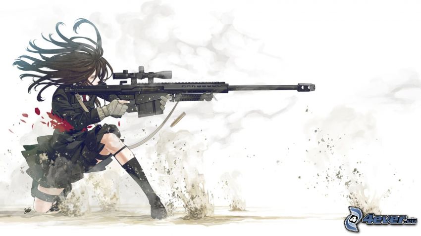 dievča so zbraňou, kreslené dievča