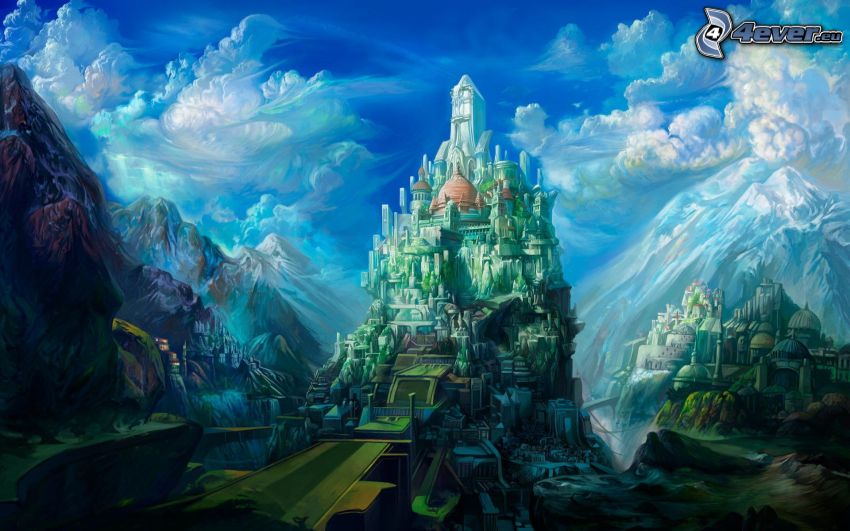 fantasy hrad, vysoké hory