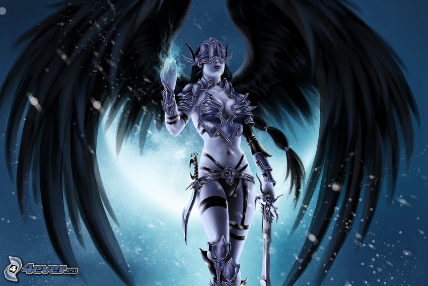 fantasy žena, čierne krídla