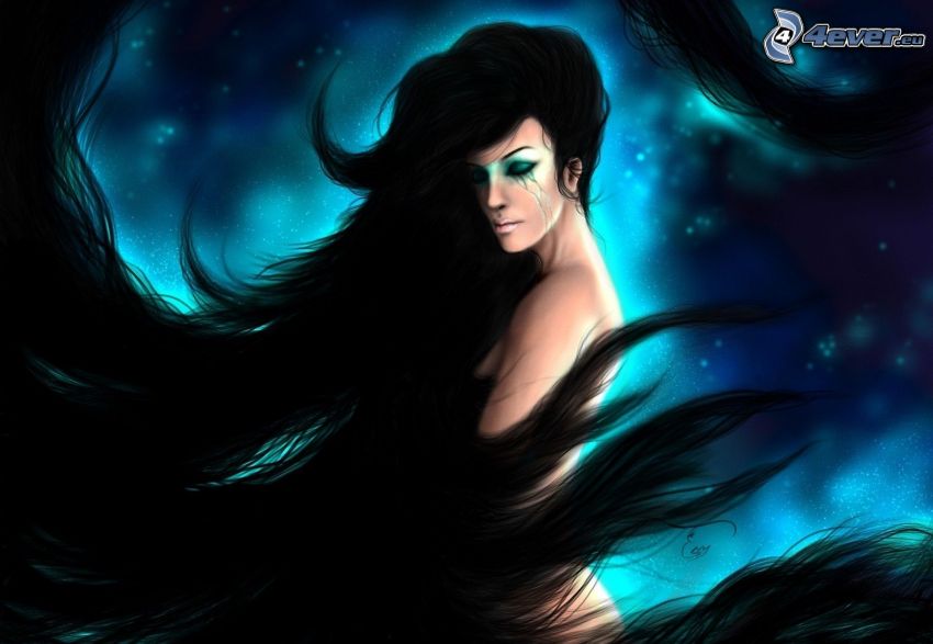 fantasy žena, dlhé vlasy, čiernovláska