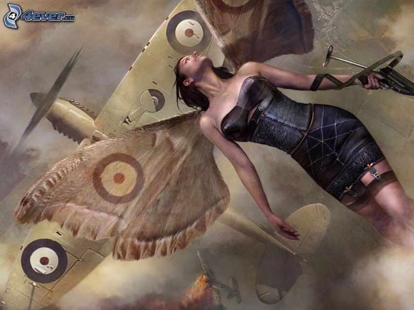 fantasy žena, krídla, lietadlo
