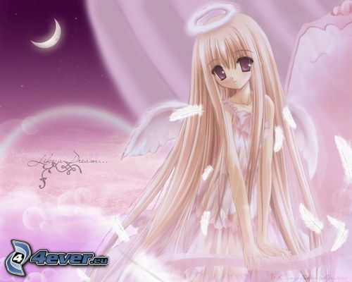 kreslený anjel, anime, dlhé vlasy