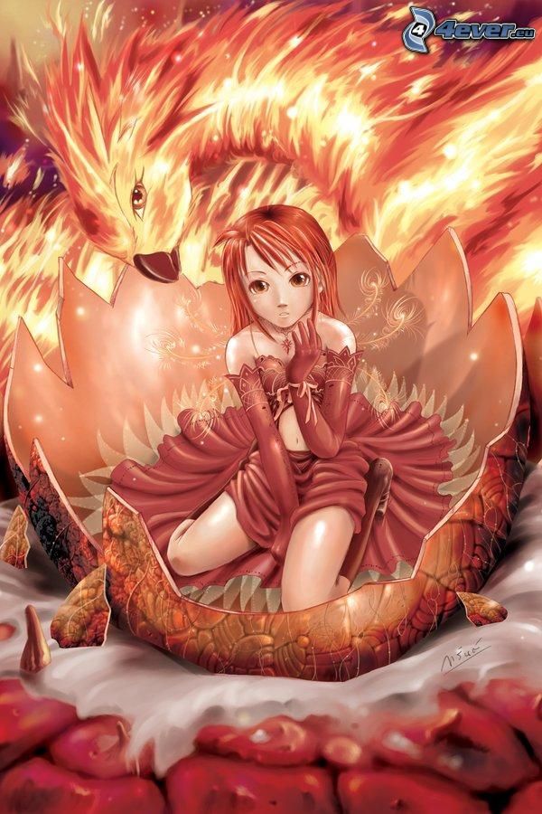 Phoenix, kreslené dievča, oheň