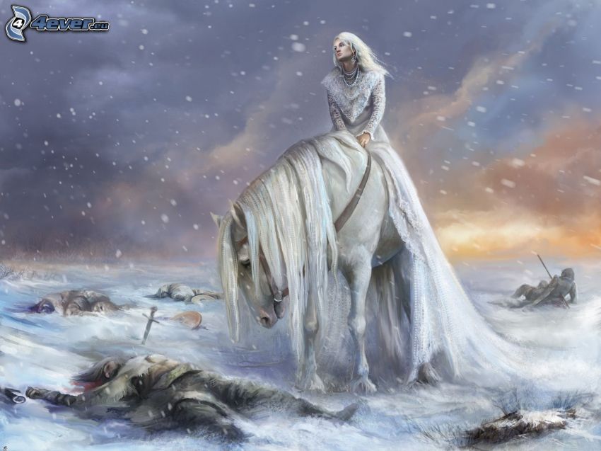 po boji, rytier, biely kôň, sneh, mŕtvola