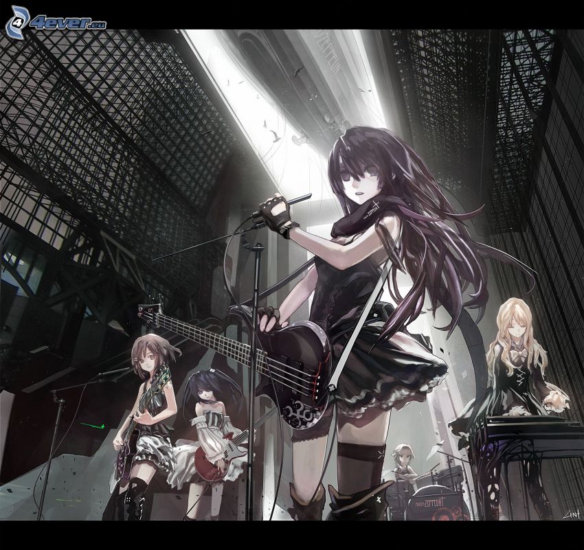 skupina, anime dievča, elektrická gitara, hudba