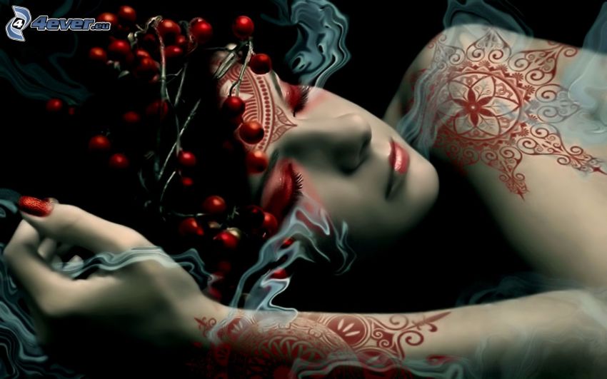 tetovaná žena, dym, spánok